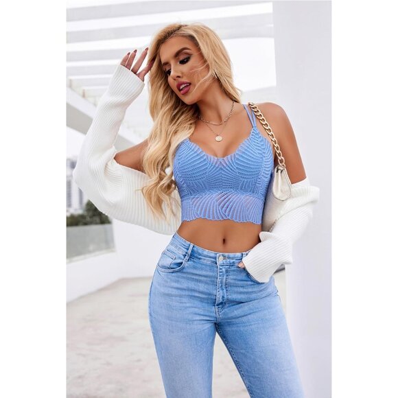 Women's Blue Lace Camisoles Double-layered V-neck Sexy Bralettes Crop Top - Picture 4 of 7